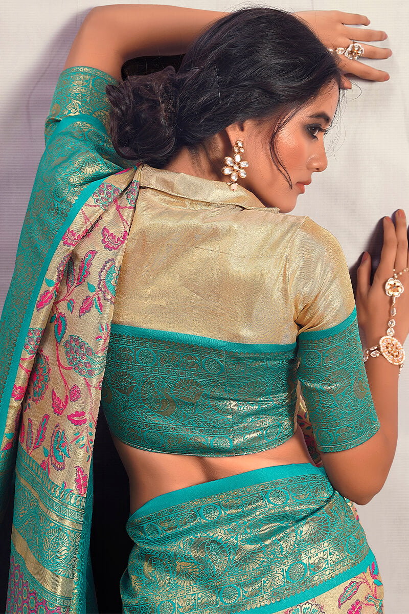 Beige and Turquoise Zari Woven Banarasi Silk Saree