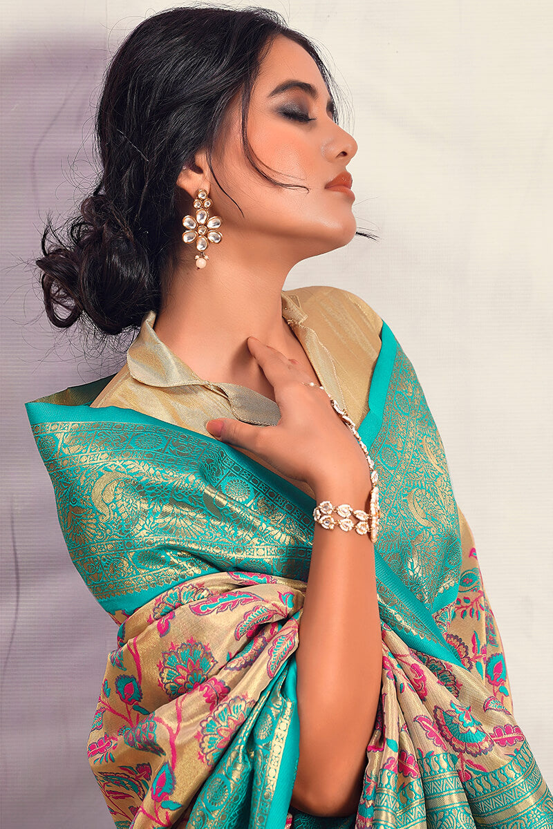 Beige and Turquoise Zari Woven Banarasi Silk Saree