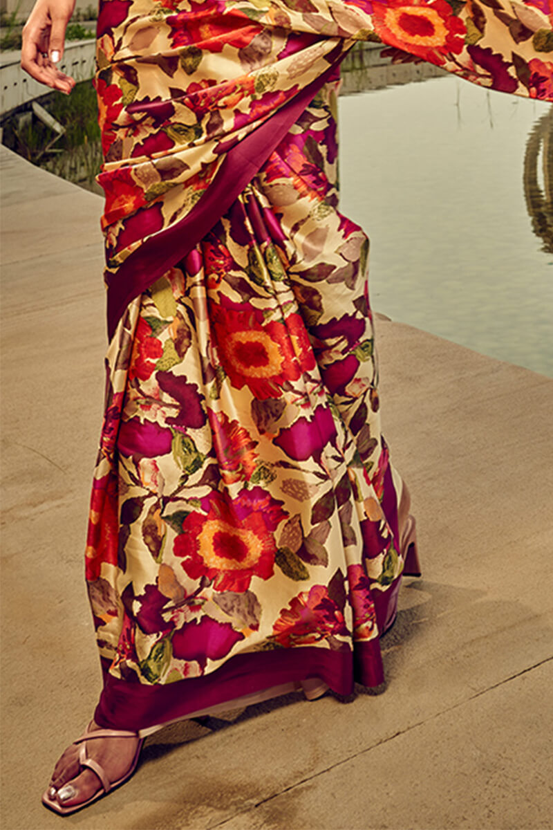 Beige and Wine Printed Satin Silk Saree