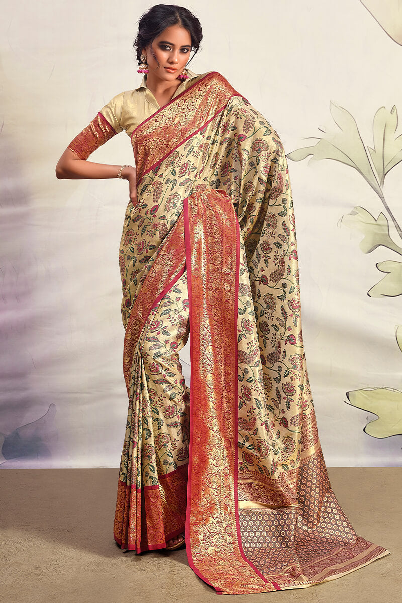 Beige and Wine Zari Woven Banarasi Silk Saree