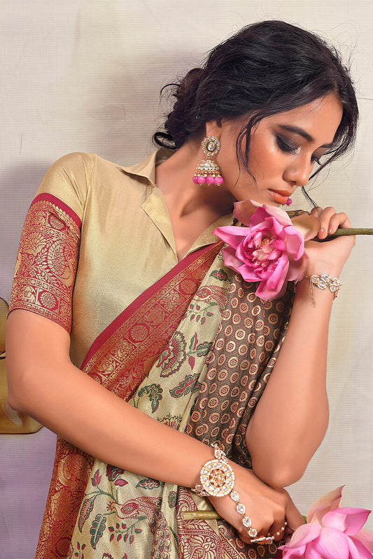 Beige and Wine Zari Woven Banarasi Silk Saree