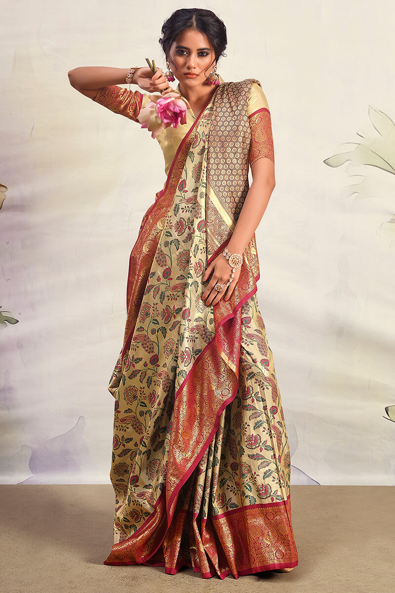 Beige and Wine Zari Woven Banarasi Silk Saree