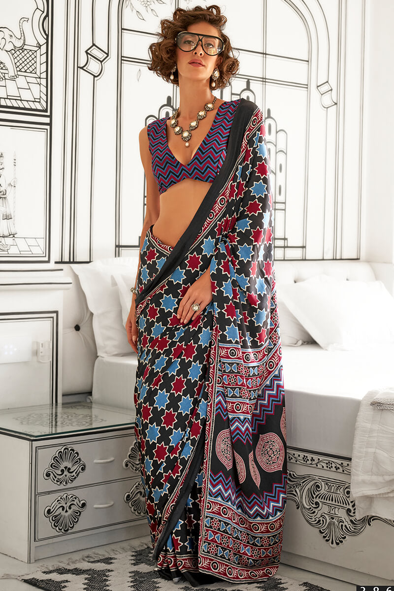 Black and Blue Ajrakh Printed Satin Silk Saree