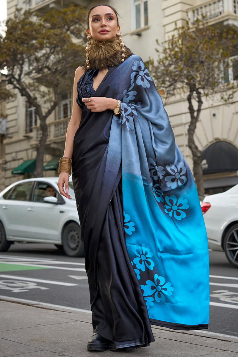 Black and Blue Printed Satin Silk Saree