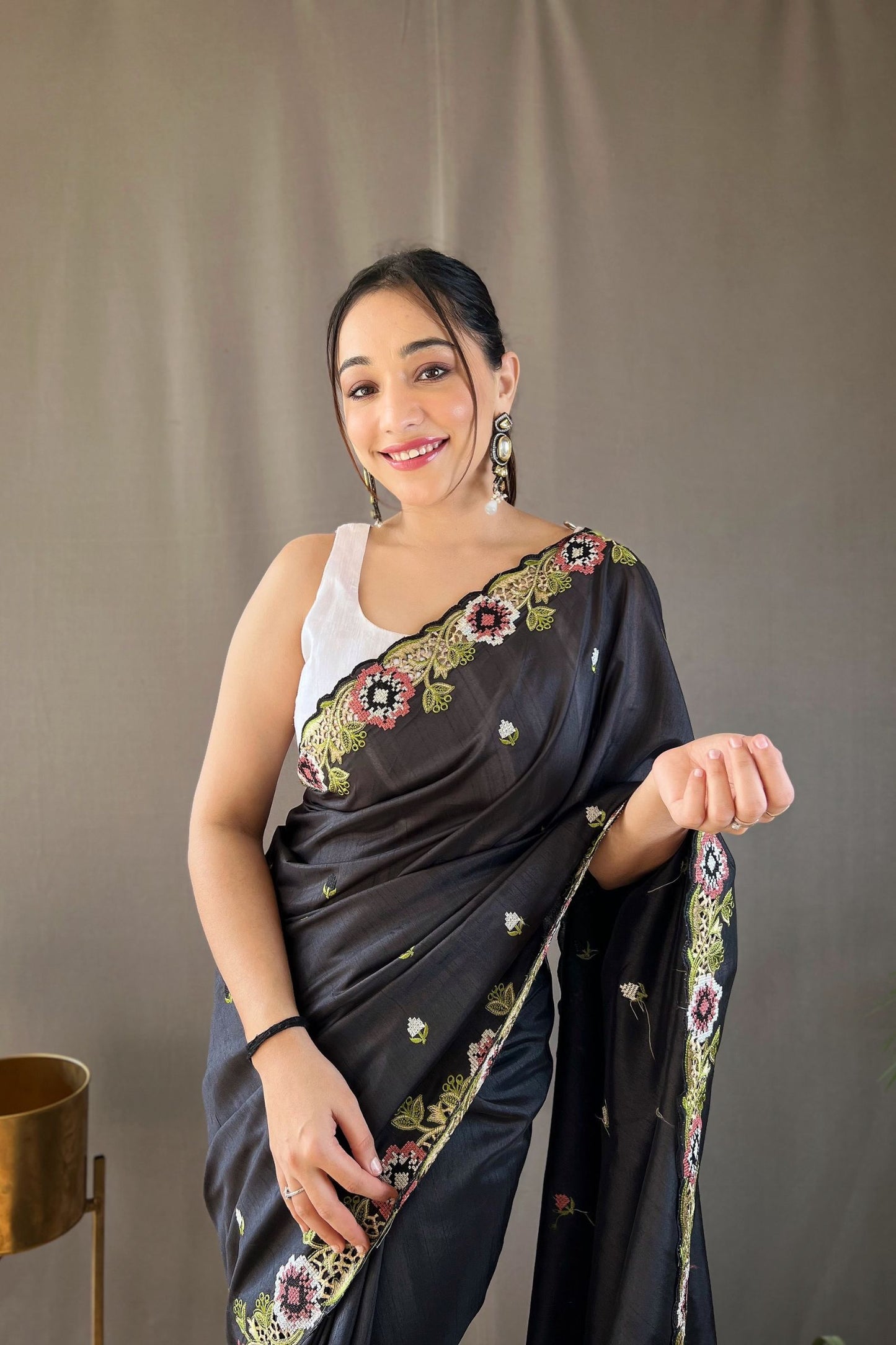 Black Embroidered Pure Tussar Silk Saree