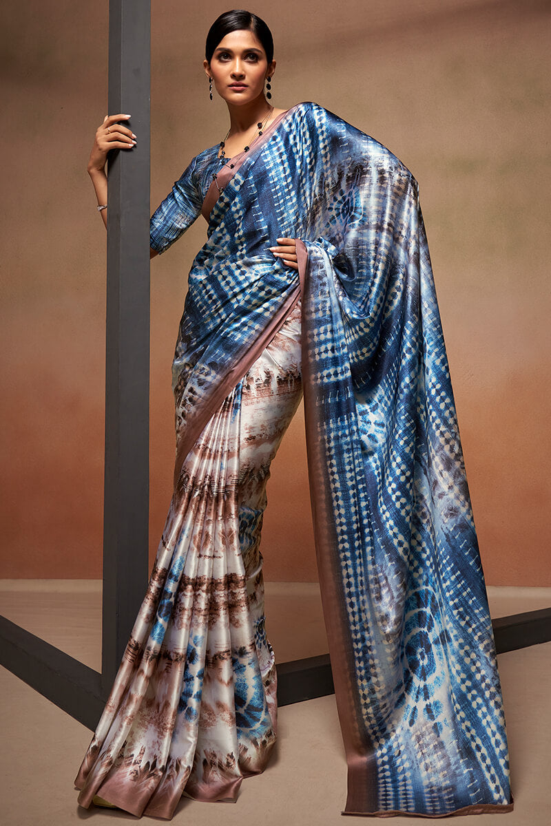 Blue and Brown Printed Satin Silk Saree