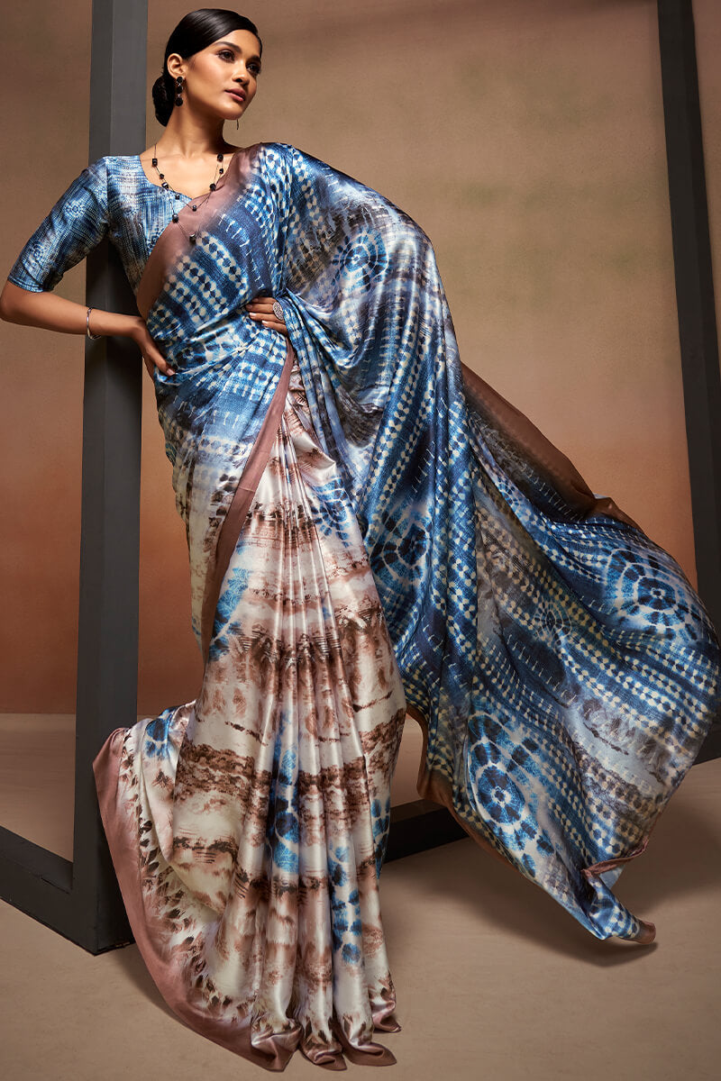 Blue and Brown Printed Satin Silk Saree