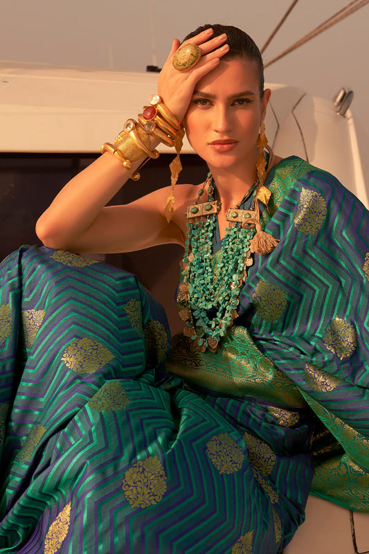 Blue and Green Two Tone Banarasi Satin Silk Saree