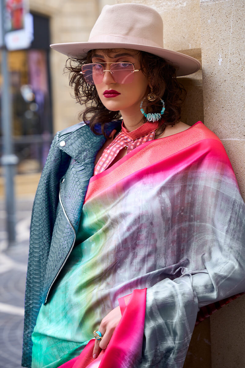 Blue and Pink Printed Silk Saree