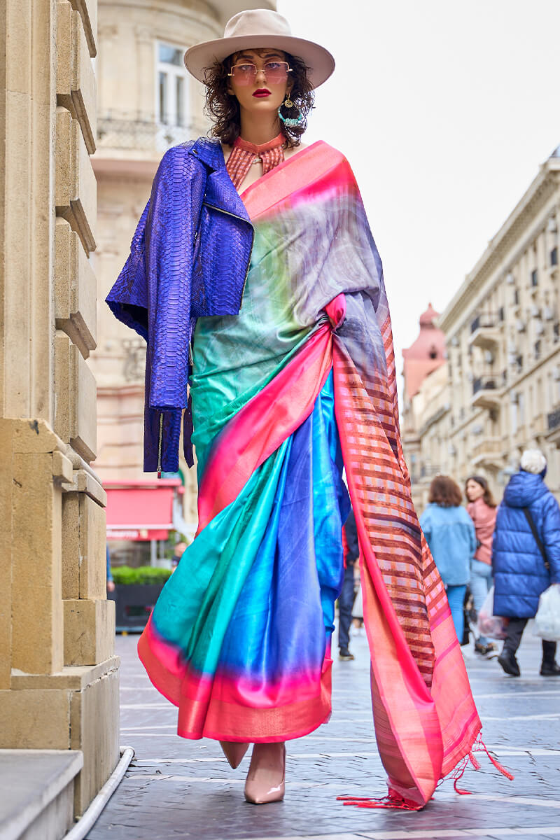 Blue and Pink Printed Silk Saree