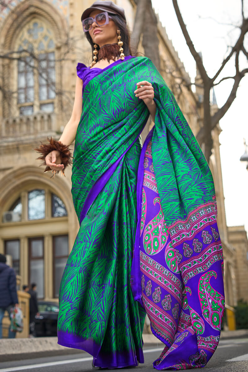 Bluish Green Printed Satin Silk Saree