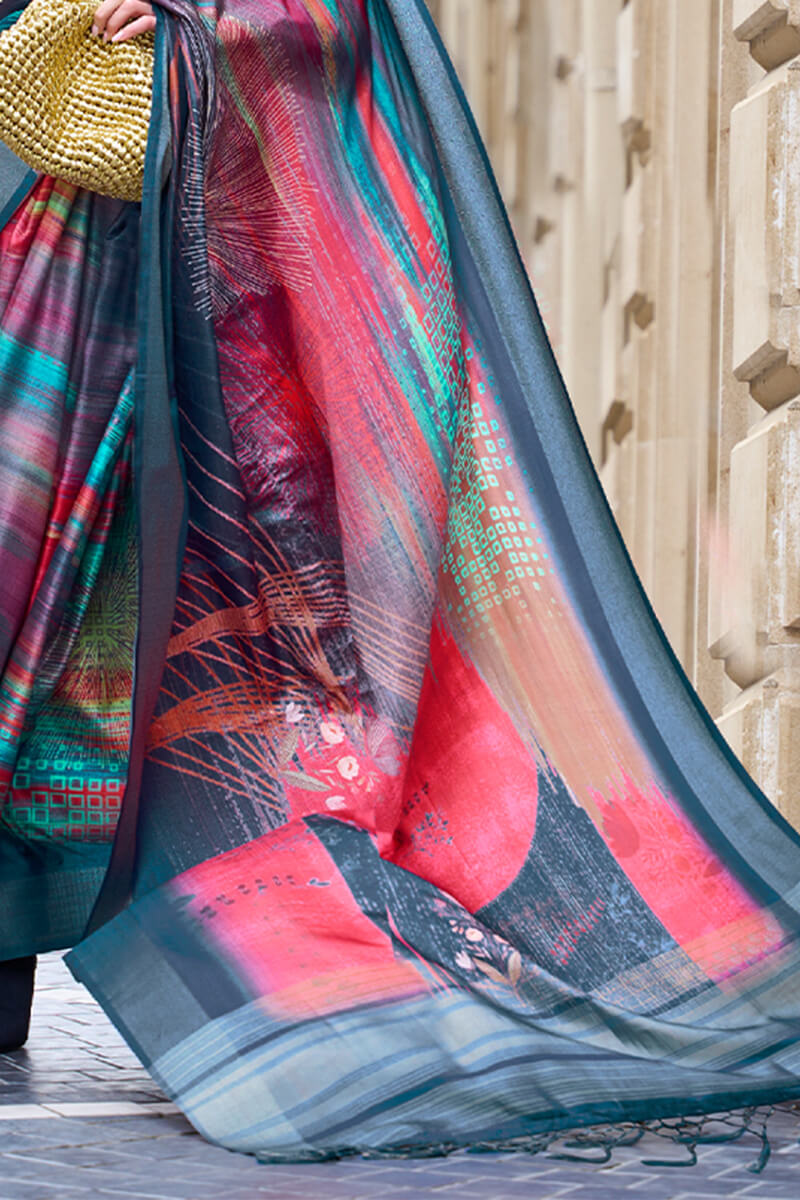 Bluish Multicolor Printed Silk Saree