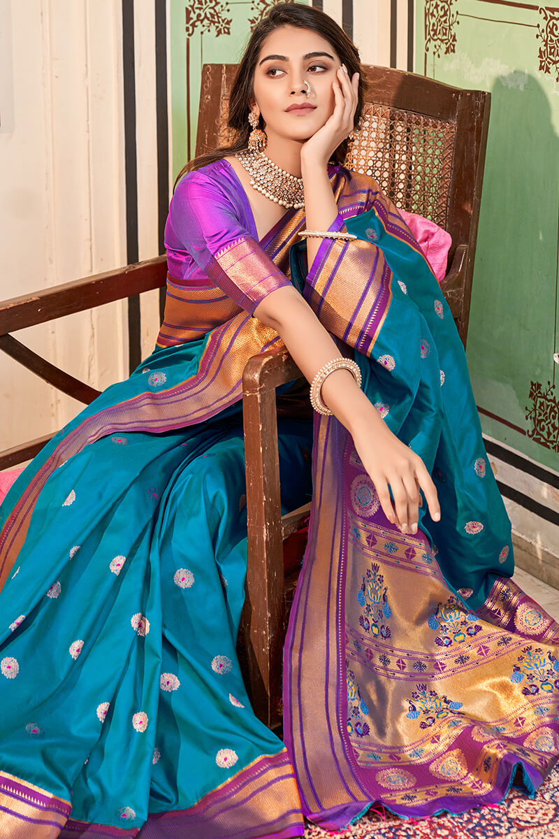 Bondi Blue Paithani silk saree