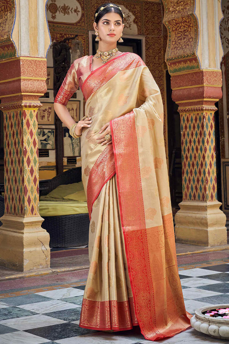 Bone Beige Banarasi Silk Saree