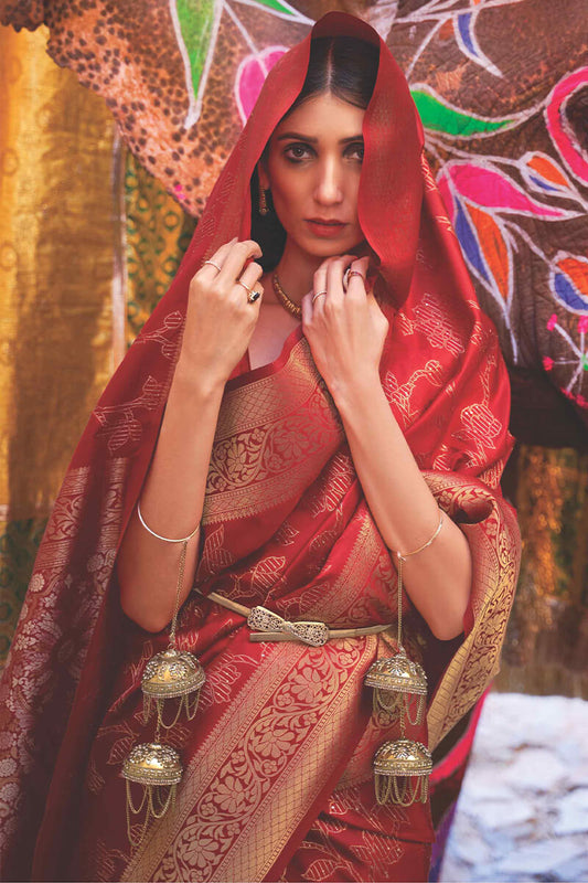 Brick Red Banarasi Silk Saree With Sequence Work