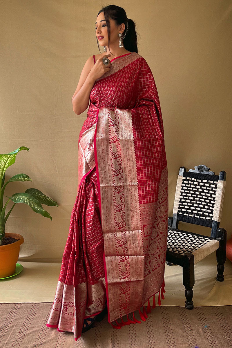 Bright Maroon Banarasi Silk Saree