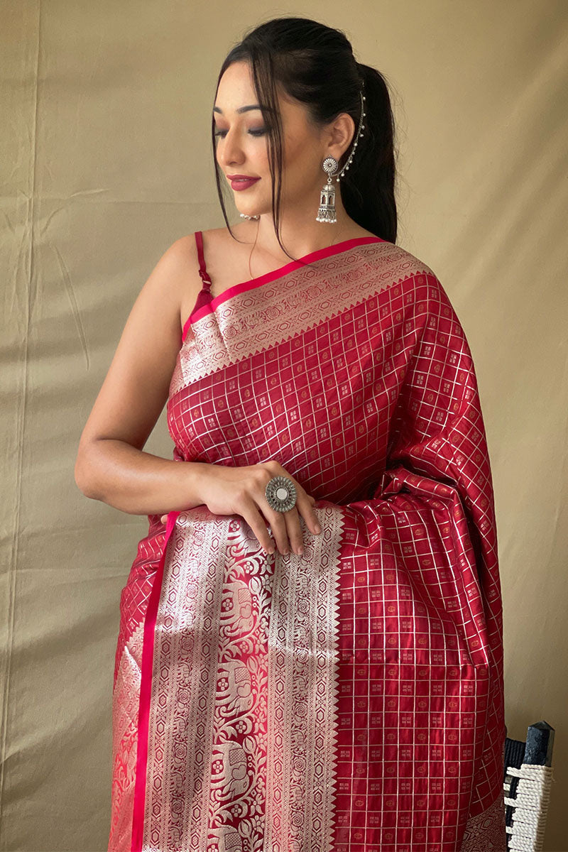 Bright Maroon Banarasi Silk Saree