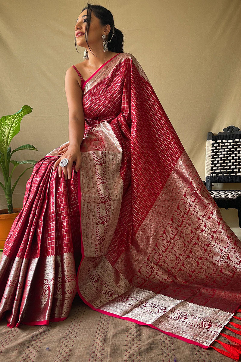 Bright Maroon Banarasi Silk Saree