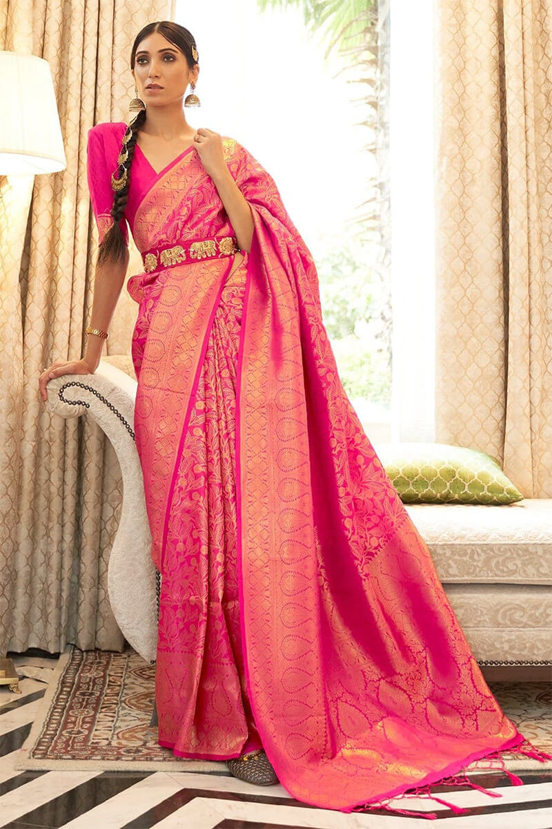 Bright pink Kanjivaram Silk Saree