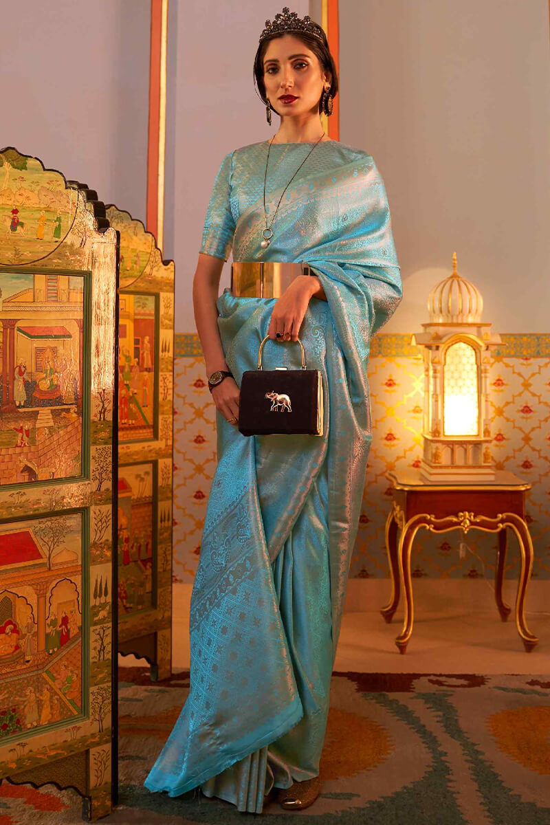 Bright Sky Blue Kanjivaram Silk Saree