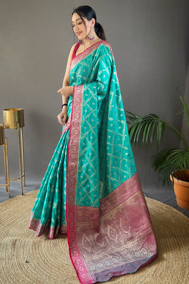 Bright Turquoise Zari Woven Banarasi Silk Saree