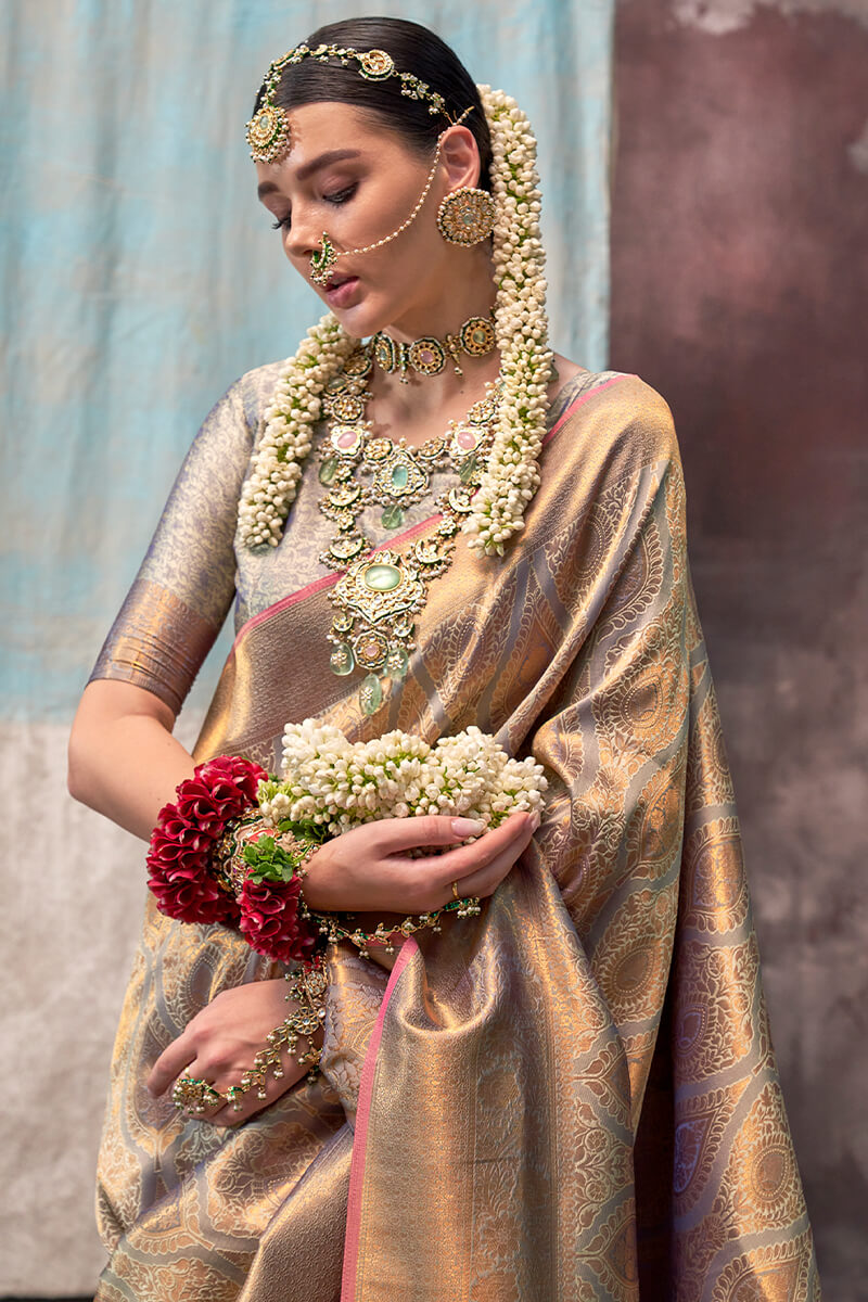 Brownish Grey Kanjivaram Handloom Silk Saree