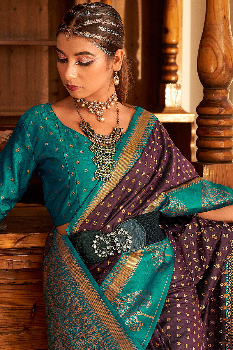 Brownish Purple and Blue Soft Banarasi Silk Saree