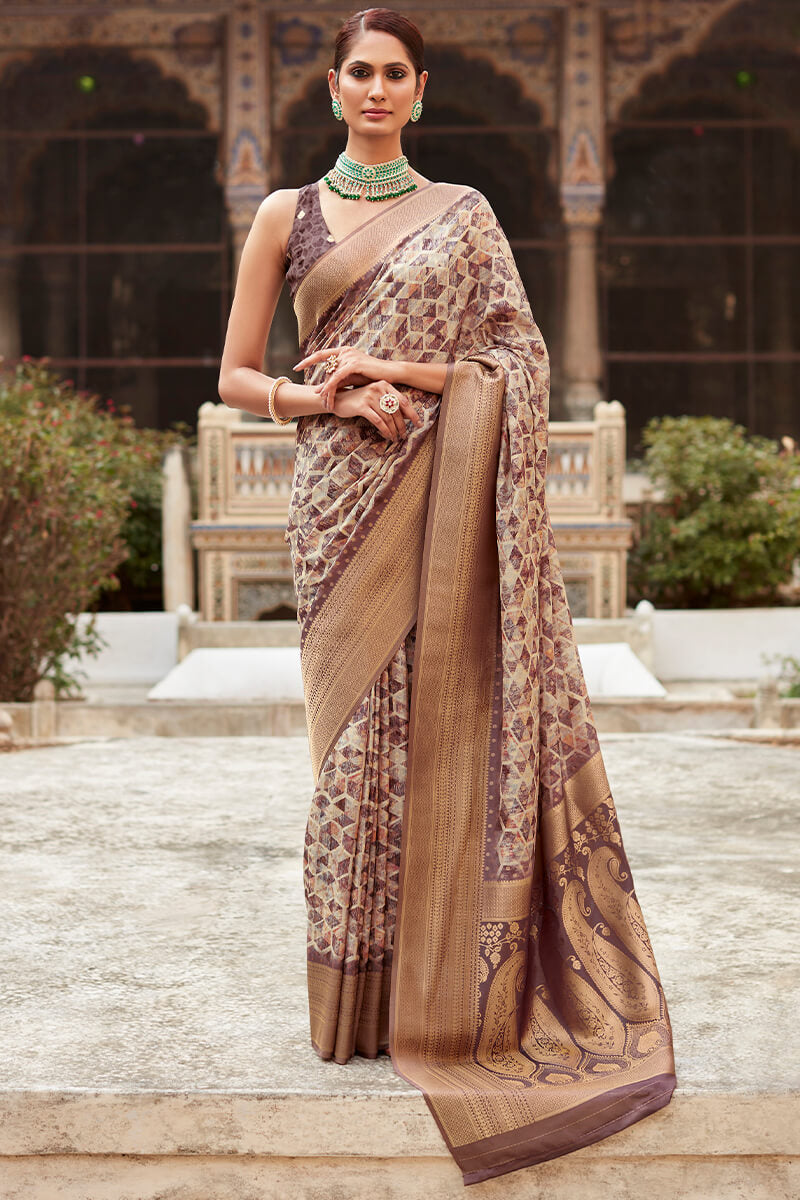 Brownish Purple Printed Crape Silk Saree