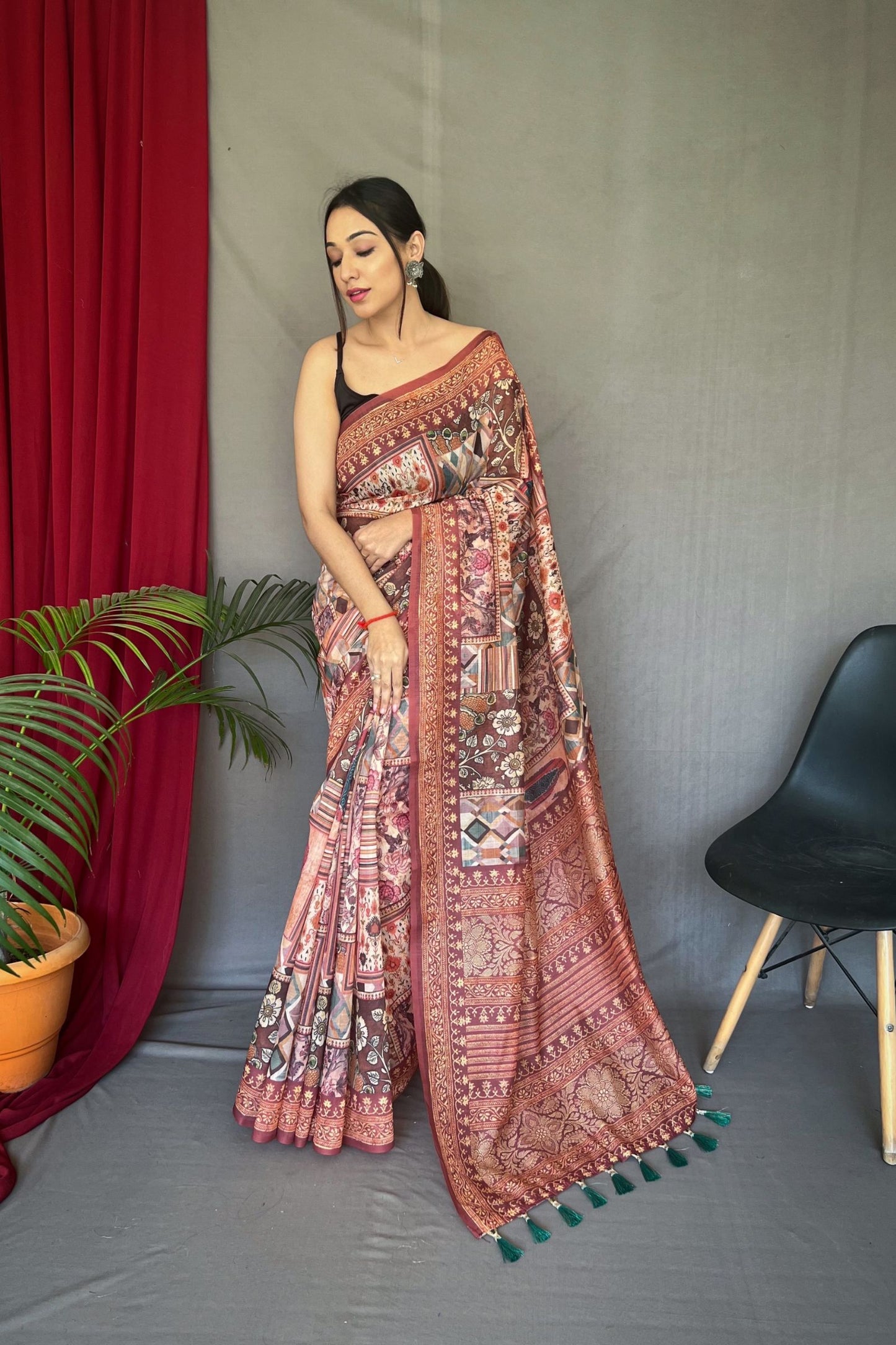 Brown Kashmiri Digital Printed Cotton Saree