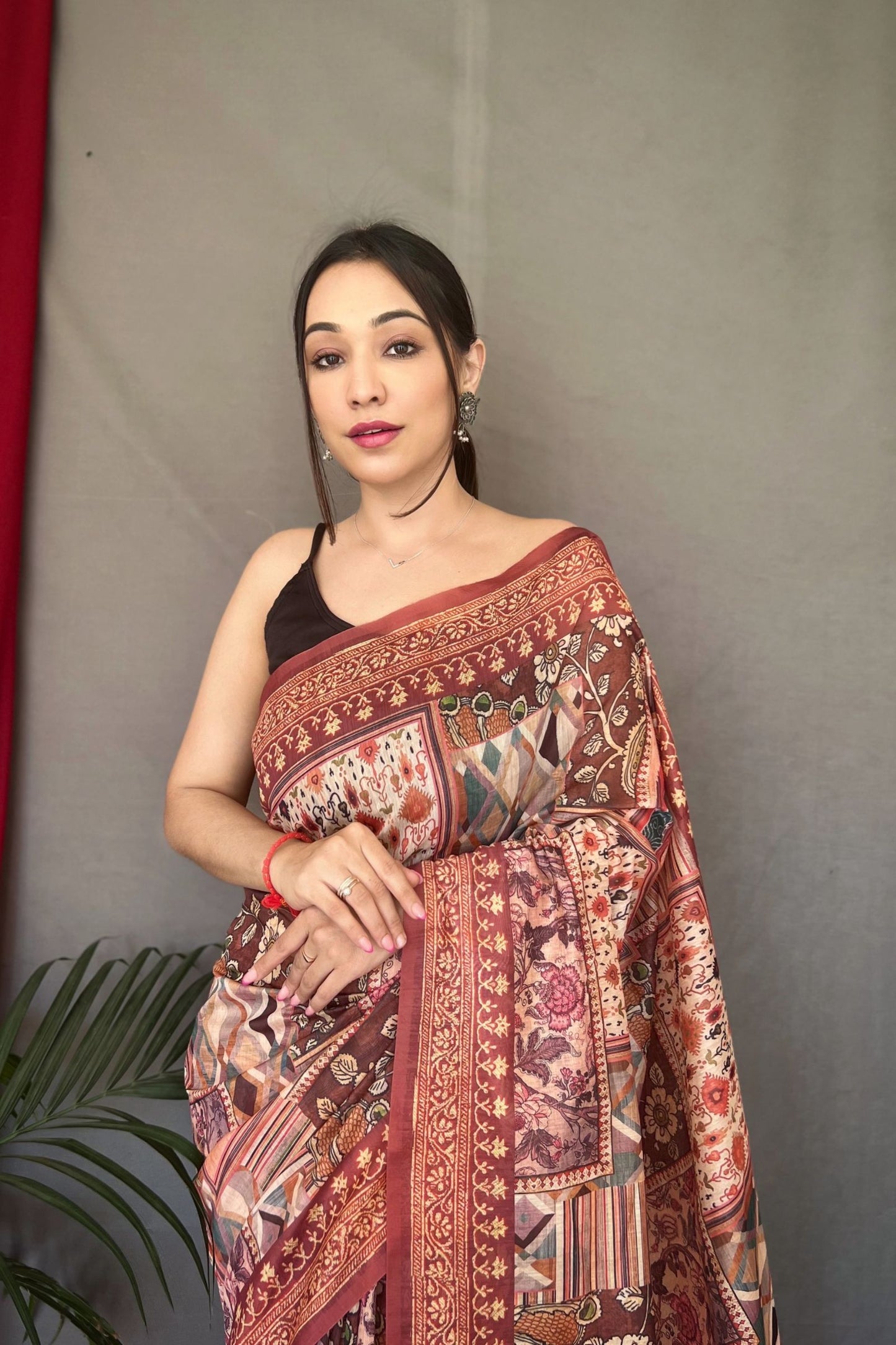 Brown Kashmiri Digital Printed Cotton Saree