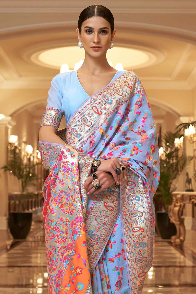 Cadet Blue Pashmina Silk Saree