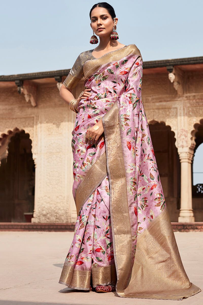 Cadillac Pink Printed Silk Saree