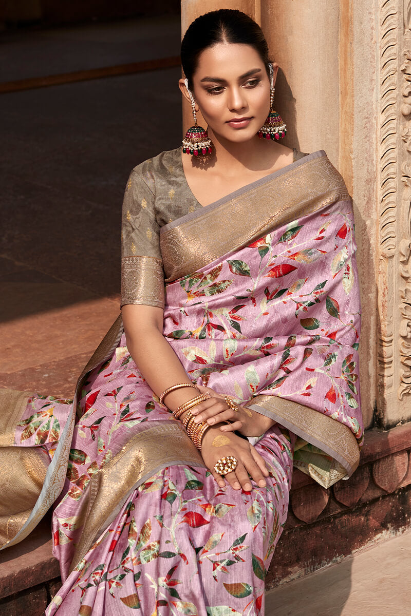 Cadillac Pink Printed Silk Saree