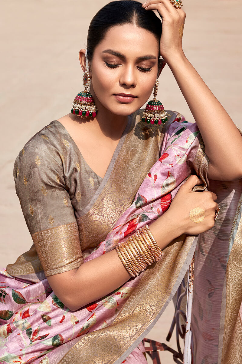 Cadillac Pink Printed Silk Saree