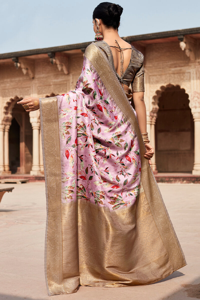 Cadillac Pink Printed Silk Saree