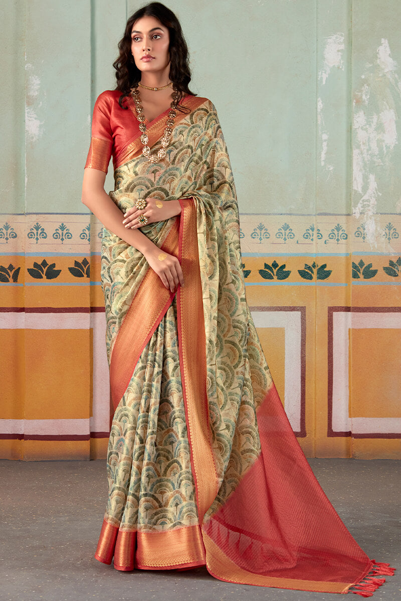 Camouflage Green Zari Woven Printed Tissue Silk Saree