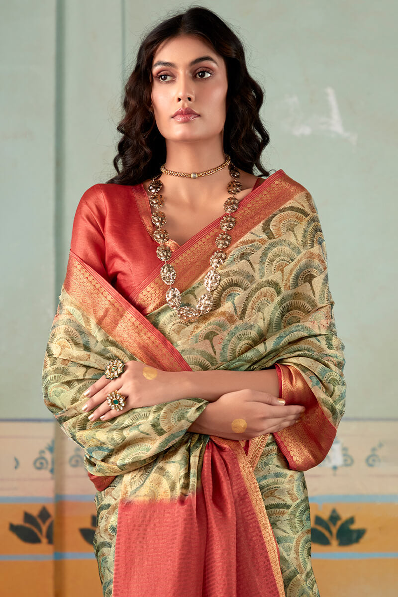 Camouflage Green Zari Woven Printed Tissue Silk Saree