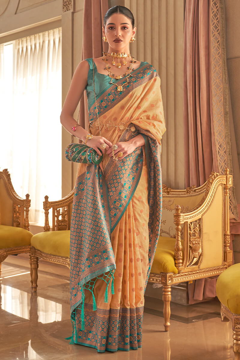 Cantaloupe Peach Soft Banarasi Silk Saree