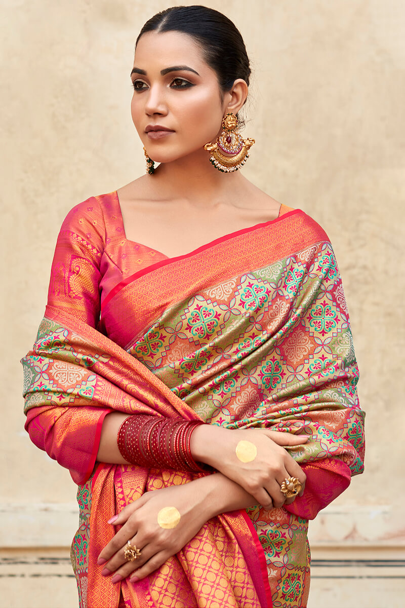 Carmine Pink Banarasi Silk Saree