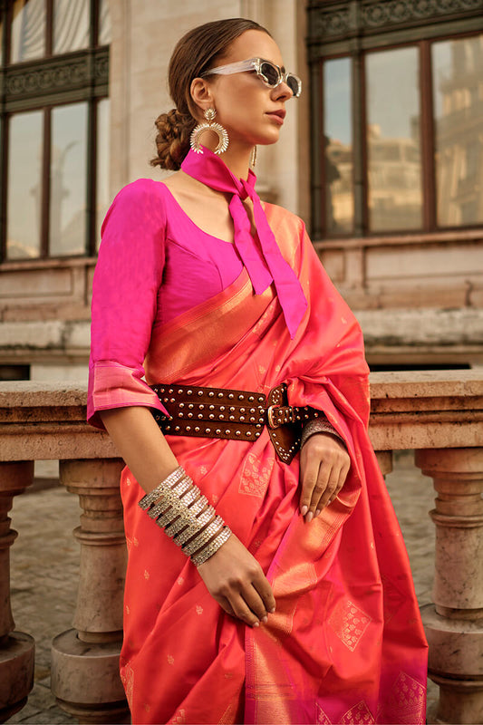 Carmine Pink Soft Banarasi Silk Saree