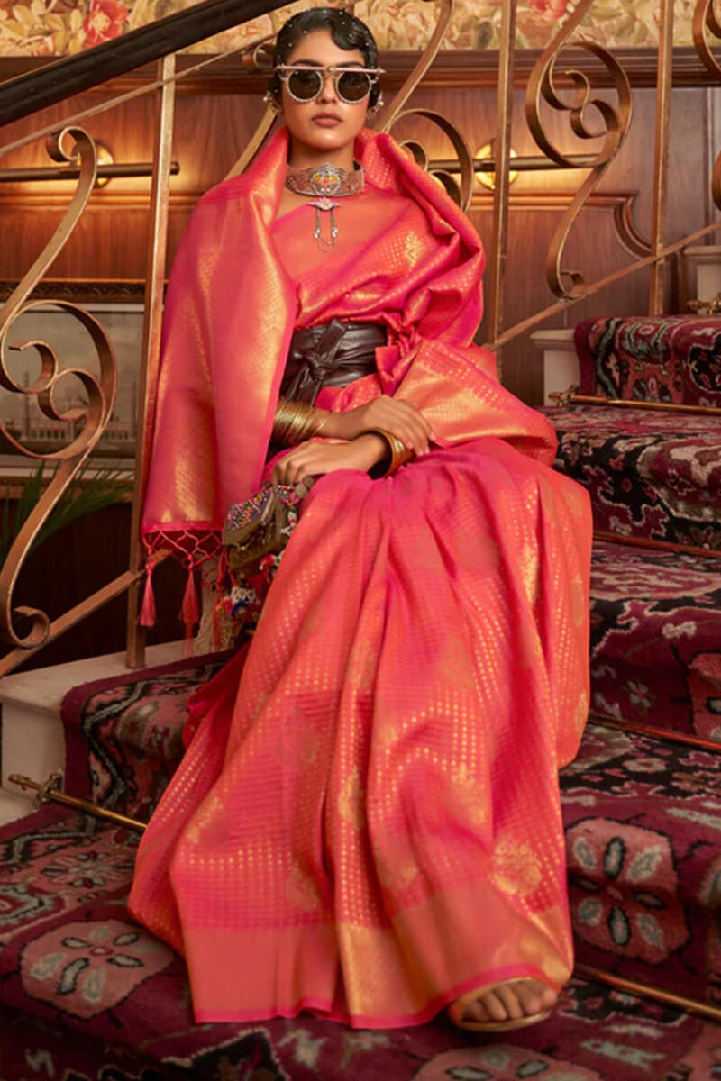 Carmine Pink Zari Woven Kanjivaram Silk Saree