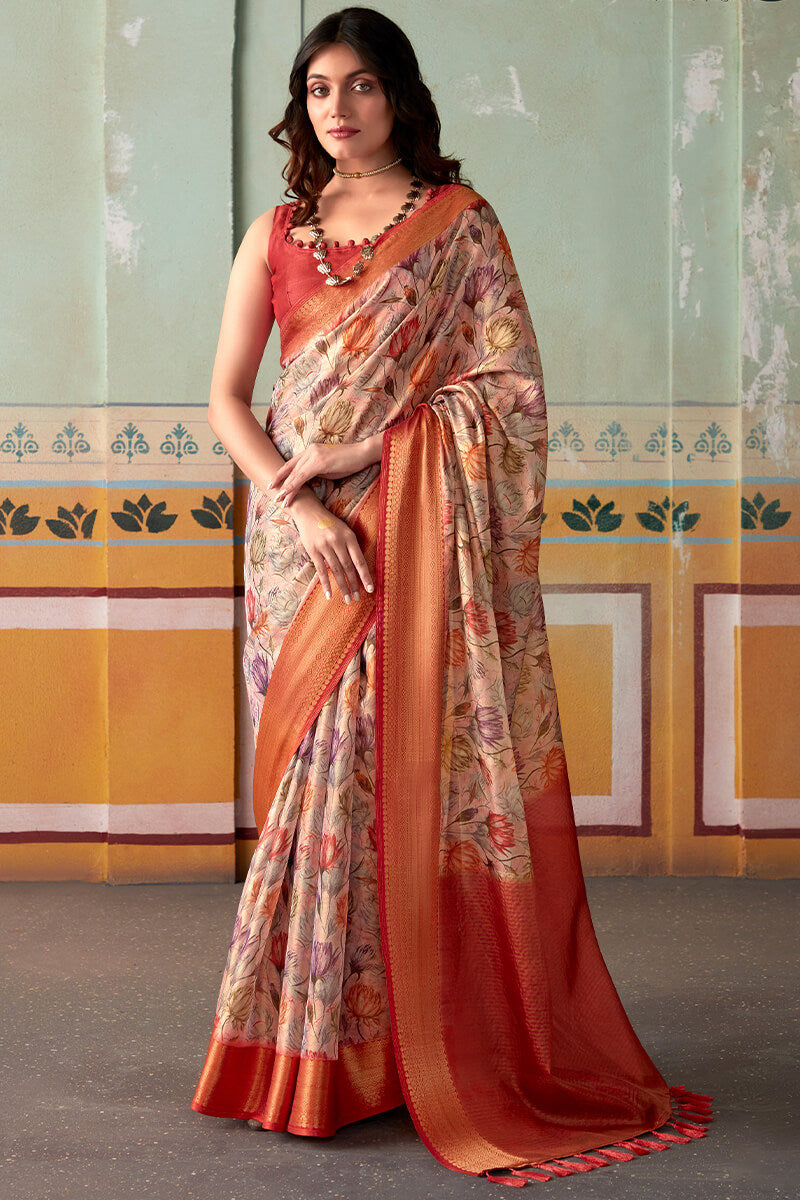 Carousel Pink Zari Woven Printed Tissue Silk Saree