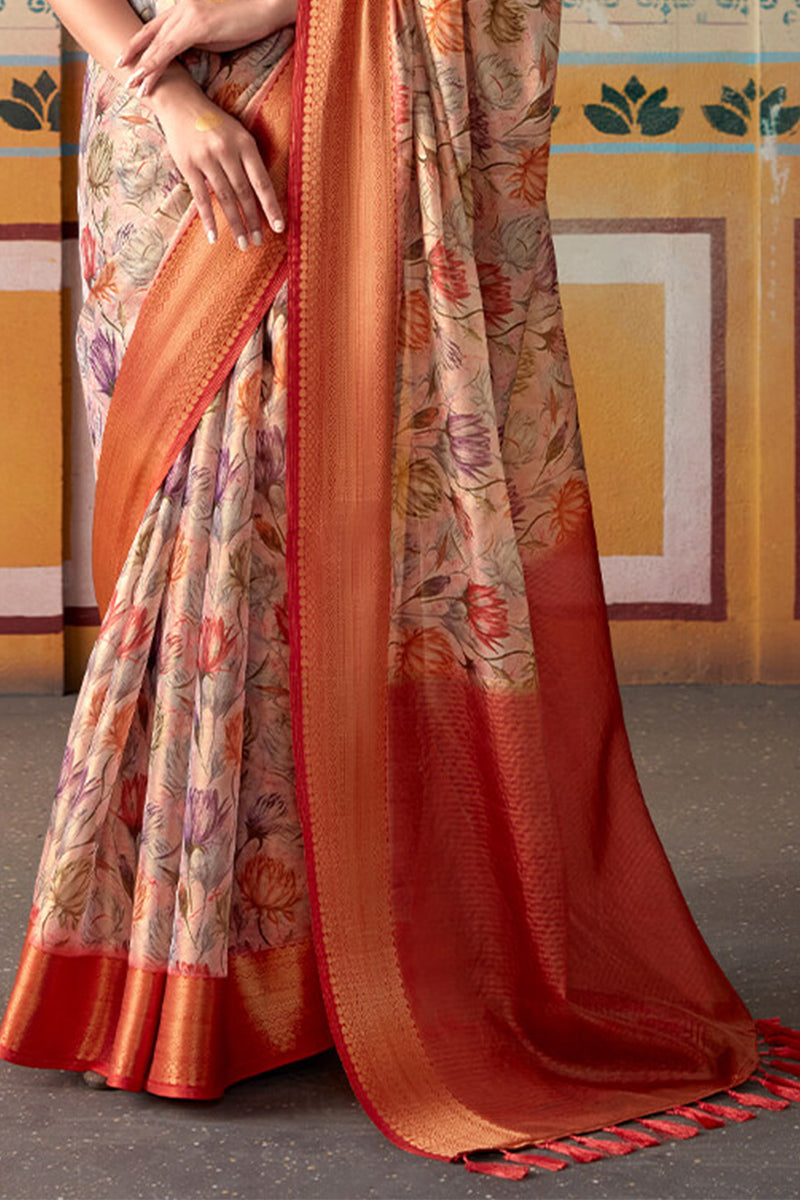 Carousel Pink Zari Woven Printed Tissue Silk Saree