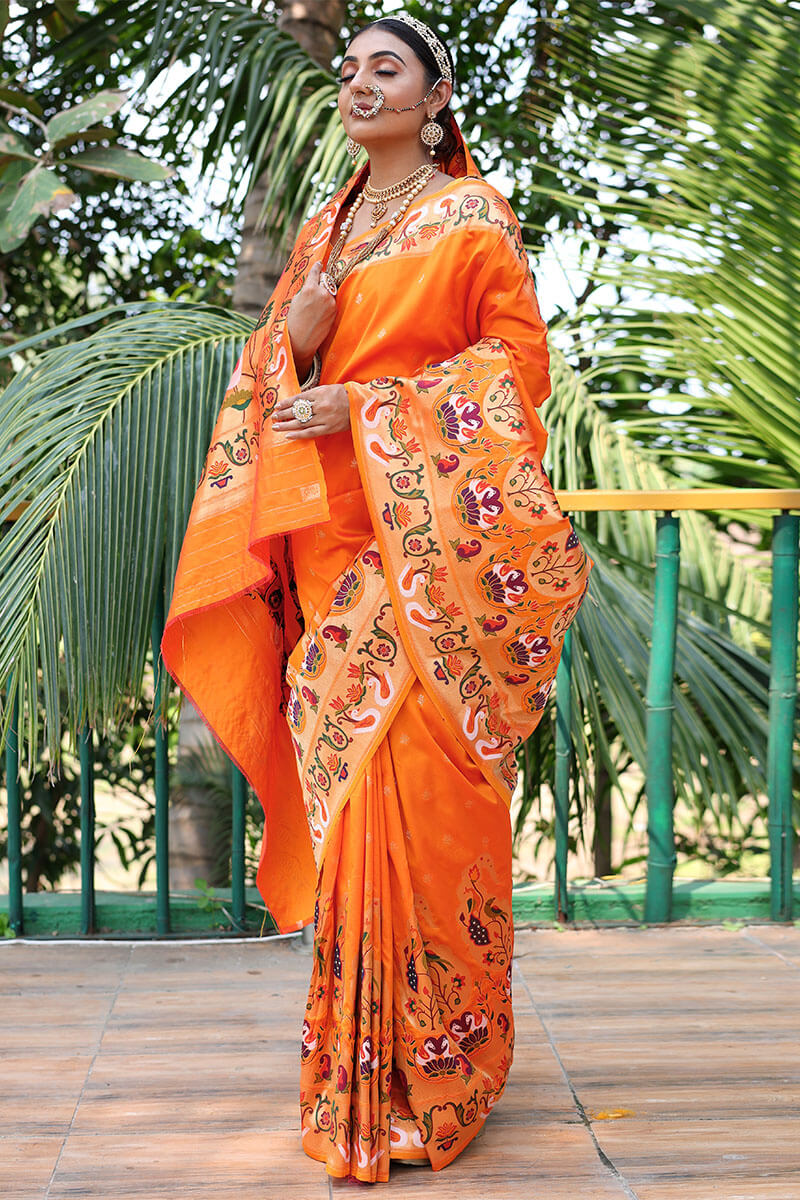 Carrot Orange Paithani Silk Saree