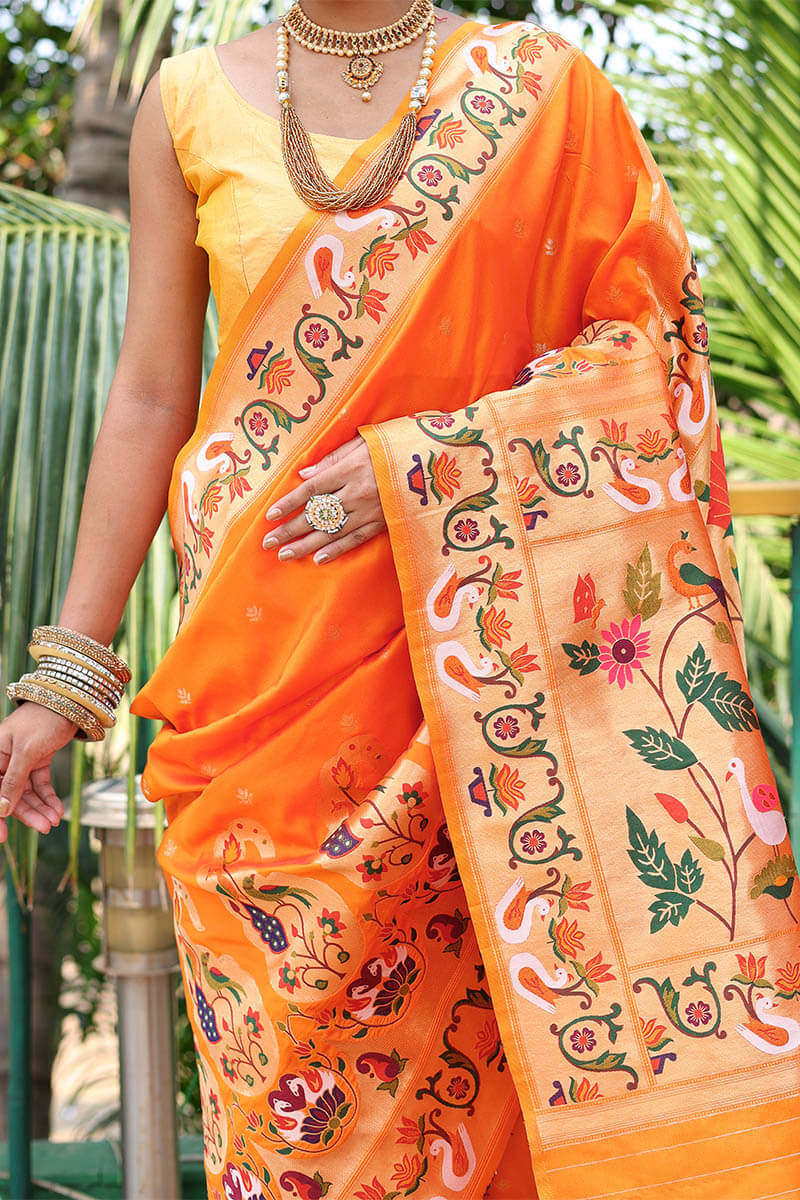 Carrot Orange Paithani Silk Saree