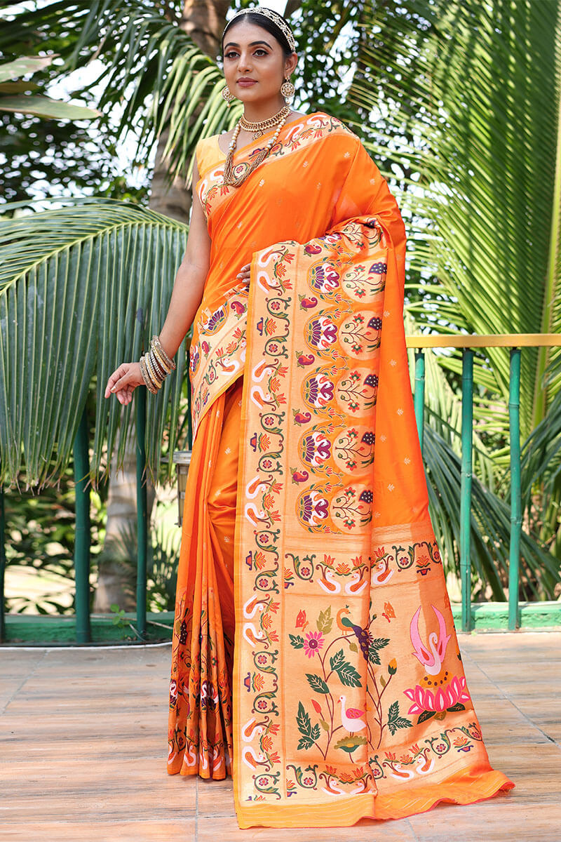 Carrot Orange Paithani Silk Saree