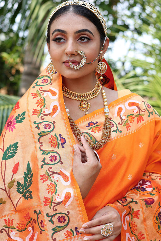 Carrot Orange Paithani Silk Saree