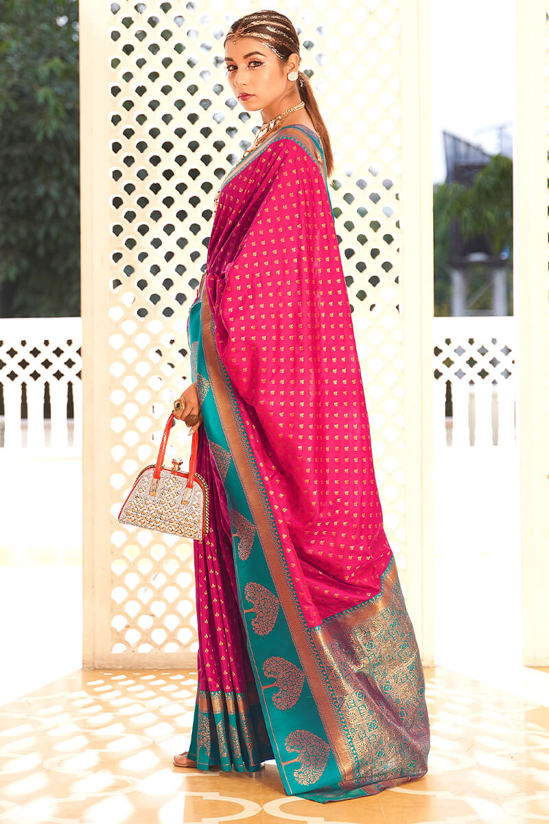 Cerise Pink and Blue Soft Banarasi Silk Saree