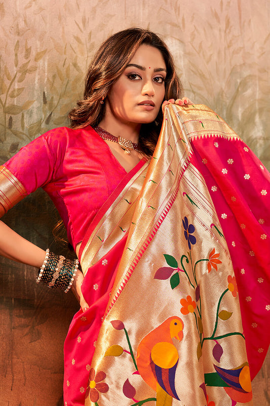 Cerise Pink Paithani Silk Saree