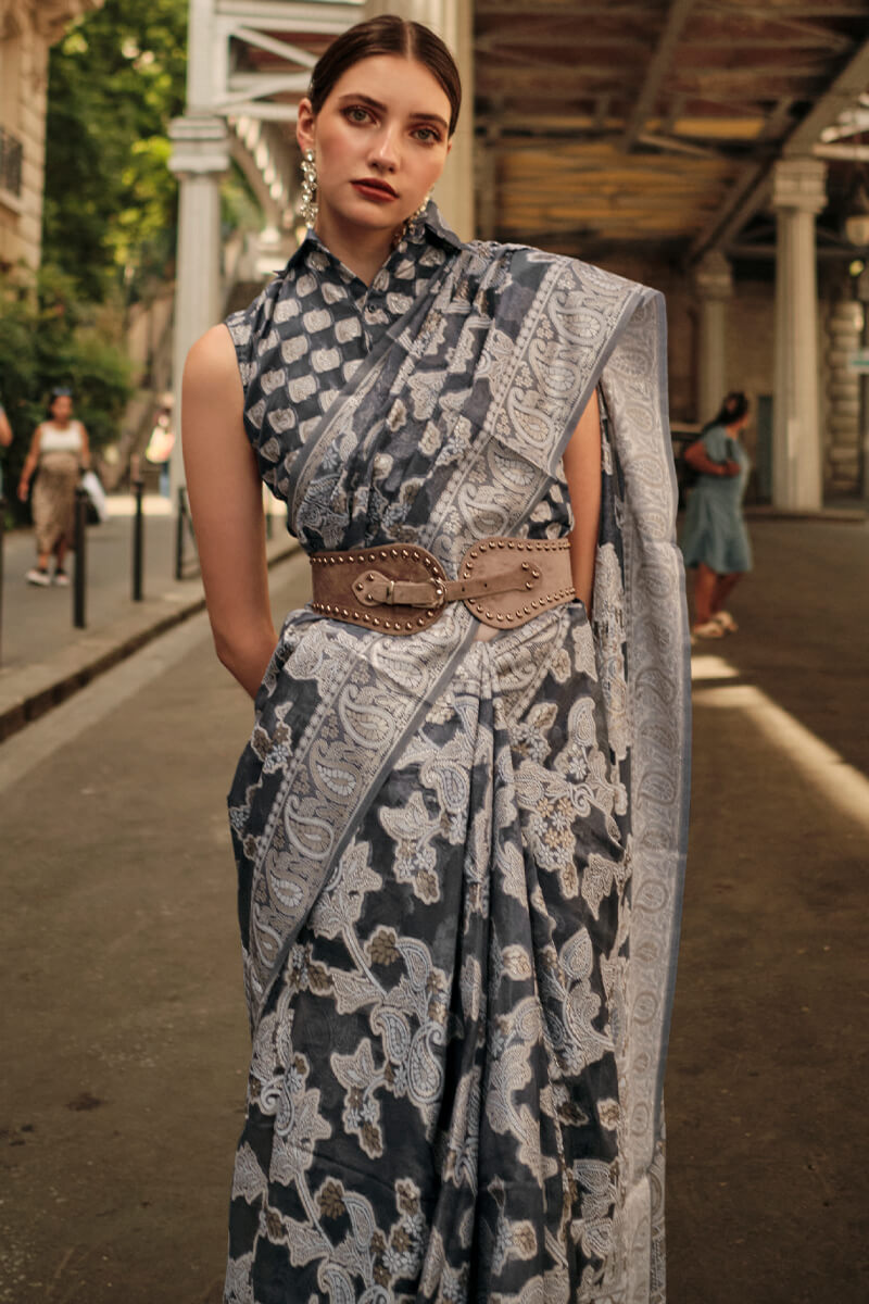 Charcoal Black Lucknowi Chikankari Saree